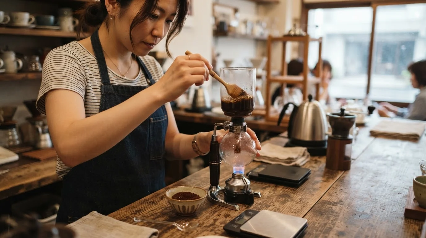 ガラス製サイフォンでコーヒーを抽出するカウンターの手元